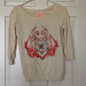 Bershka Embellished Cream Round Neck Round Neck Pullover Sweater Size S